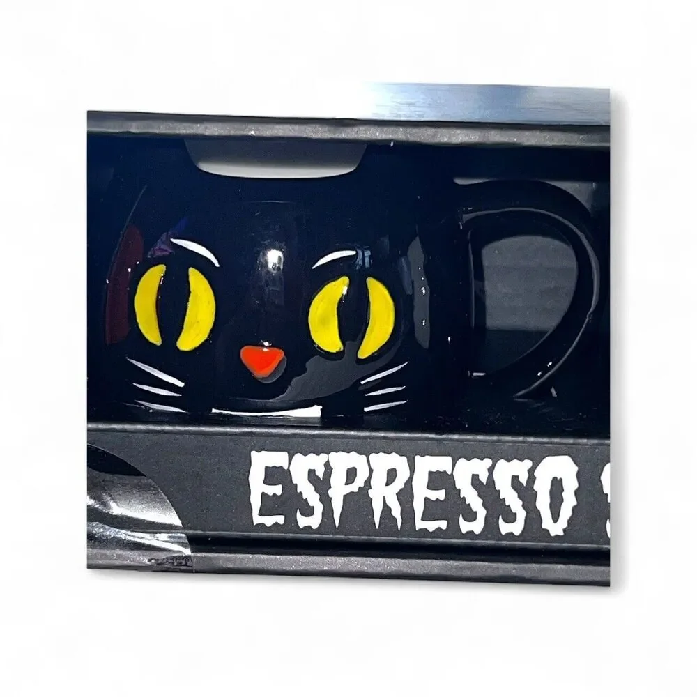 Halloween Lang Espresso 4 Hand-Painted Character Cups Pumpkin Cat Mummy Frank